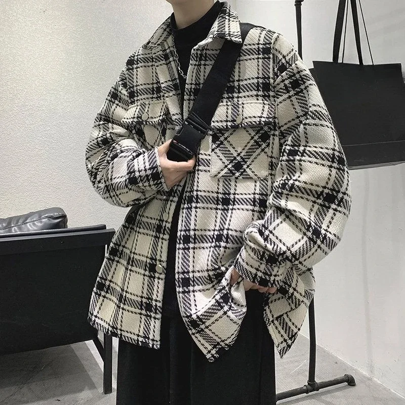 Men's Spring Autumn Wool Coat Loose Checkered Design Ins Hong Kong Style Casual Jacket Korean Streetwear