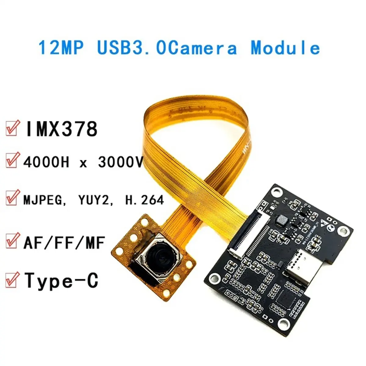 【SPECIAL OFFER】4000H X 3000V 4K 12MP HD IMX378 USB3.0 Type-C Camera Module Auto Focus UVC Free Drive MJPEG YUY2, 264 Face Recogn