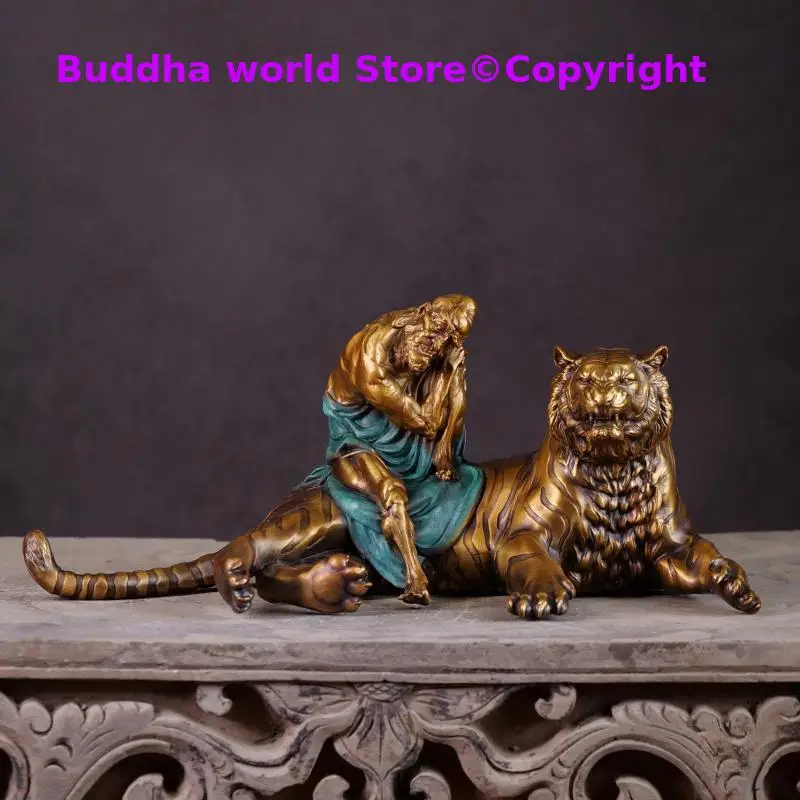 

100% Handmade Copper Tiger Subduing Arhat buddha Bronze sculpture Exorcism Guarding house town home dispelling evil spirits