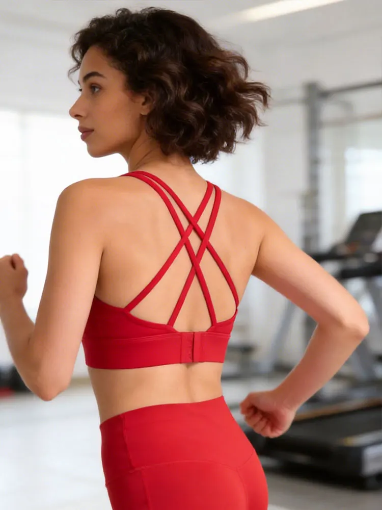 Women's Seamless Sports Bra Cross Back Crisscross Yoga Top Padded Shockproof Breathable Running Fitness Vest