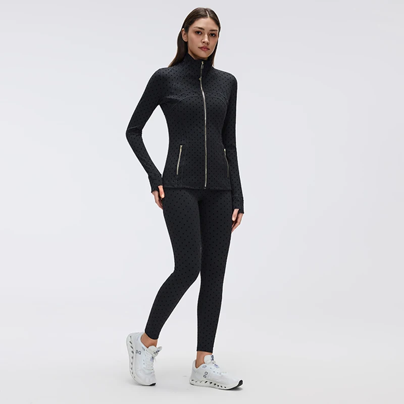 Women Black Polka Dot Stand Collar Slim Jacket High Waist Tummy Control Butt Lifting Yoga Pants Sports 2 Piece Outfit