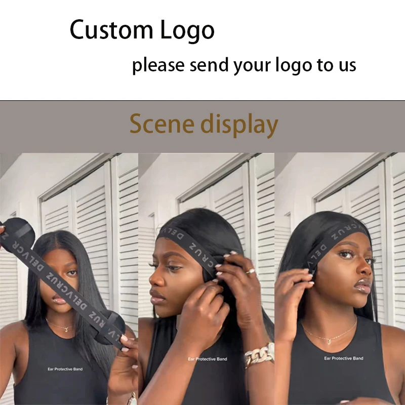 Custom Logo Lace Band With Ear Protector For Wigs Wrap Headband With Ear Cover Adjustable Edge Elastic Band For Wigs Frontal