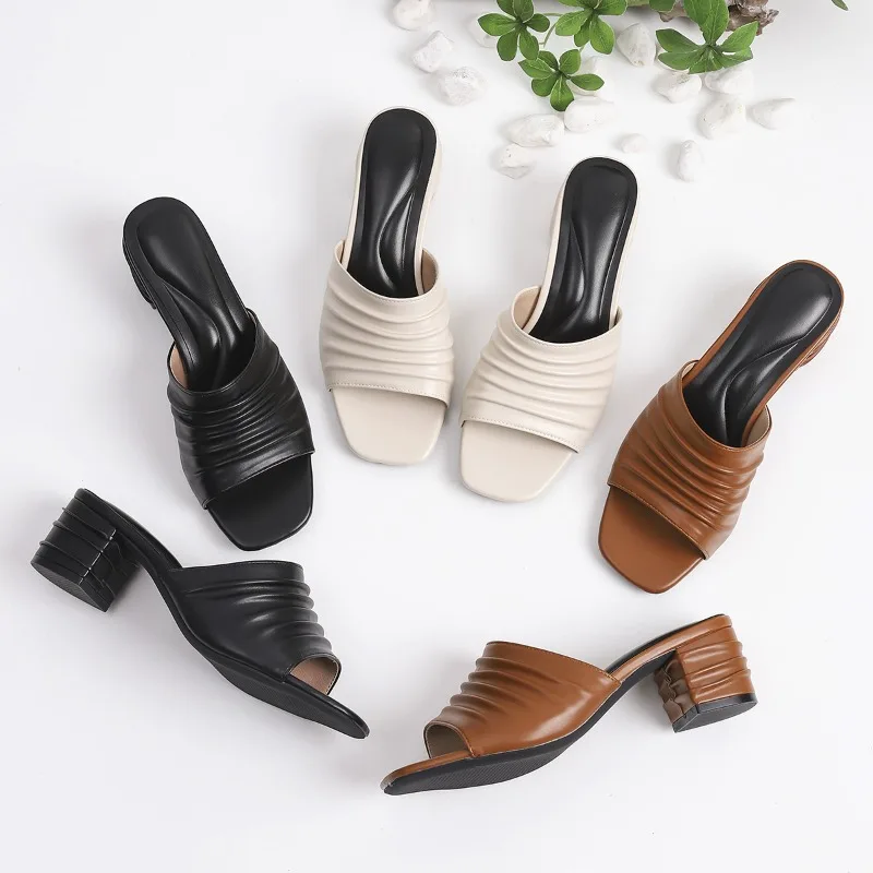 Square head folded layered thick heel cool mop for women, summer commuting and leisure one line mop, versatile and comfortable
