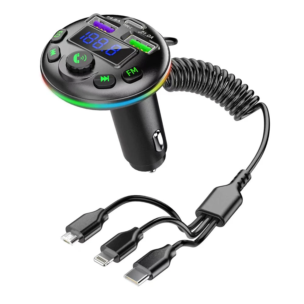 Car Bluetooth 5.0 FM Transmitter Audio Receiver Handsfree Call With USB PD Fast Charge 3 in 1 Charge Cable for IPhone Huawei