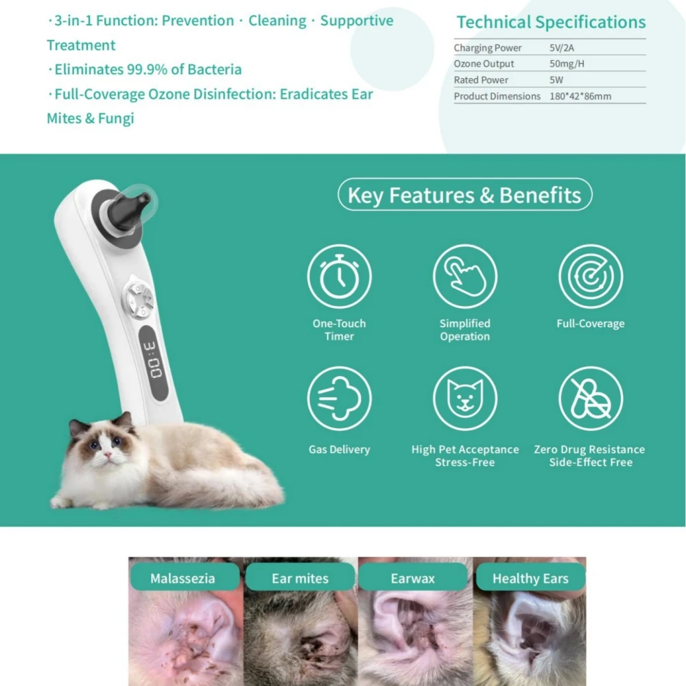 New Upgrade Cat Dog Pet Ear Earwax Cleaner Canal Ozone Therapy Cleaning Device Tool
