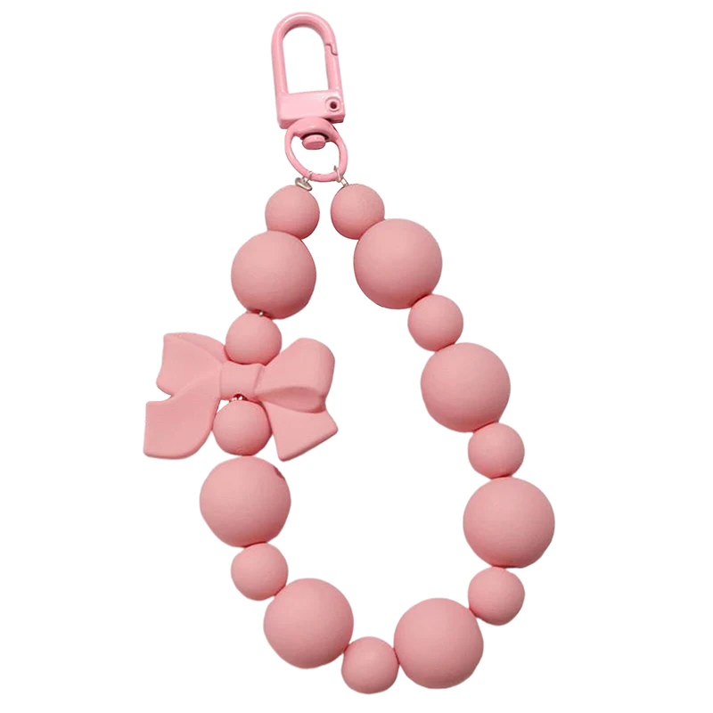 Sweet Pink Bow Beaded Keychain Mobile Phone Chain Earphone Bag Charms Anti-lost Rope Car Keyring Backpack Pendant Jewelry