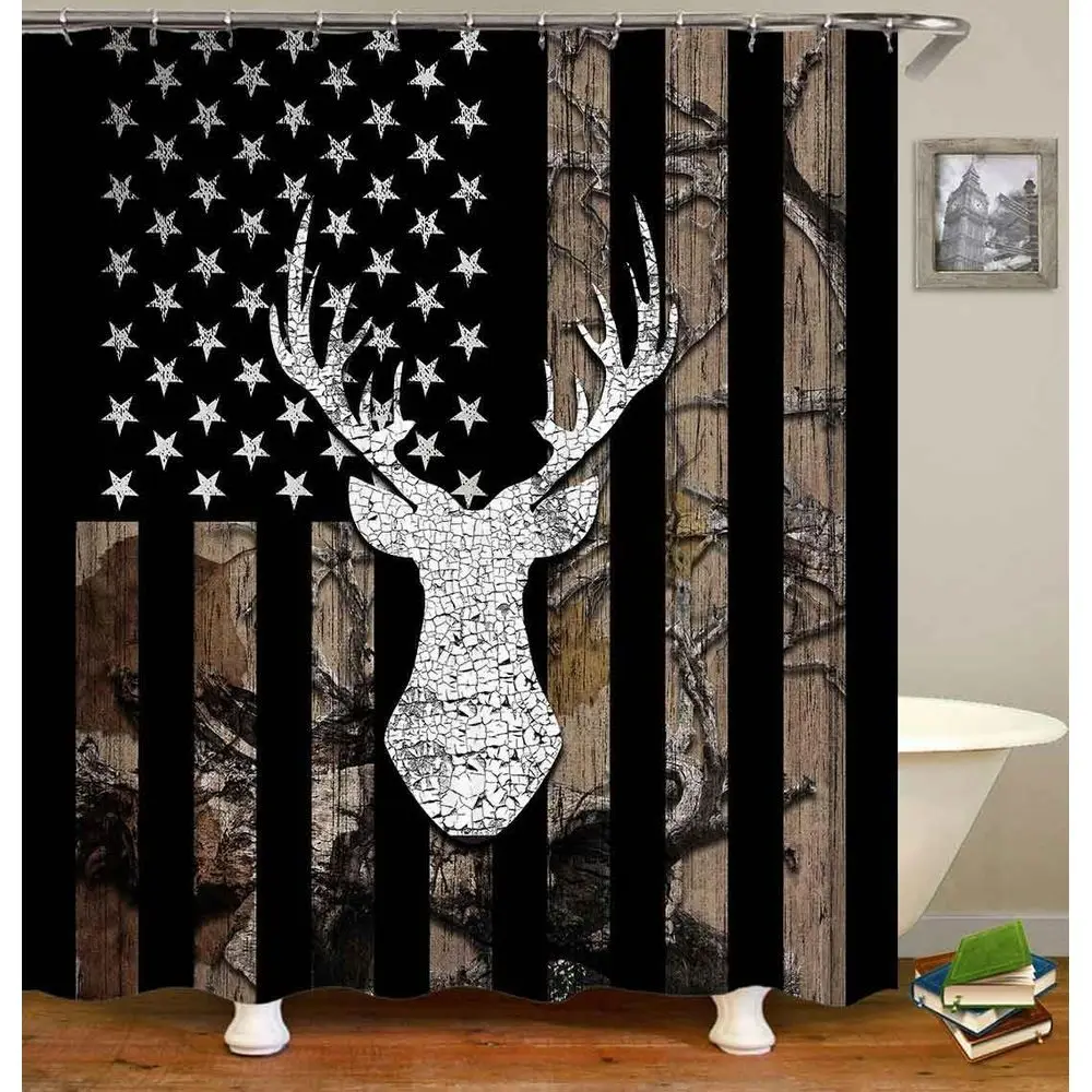 طقم ستائر دش مموهة مكون من 4 قطع مع علم أمريكي أسود وموضوع للحياة البرية، مثالي لديكور الحمام في المقصورة الريفية، غير قابل للانزلاق #3