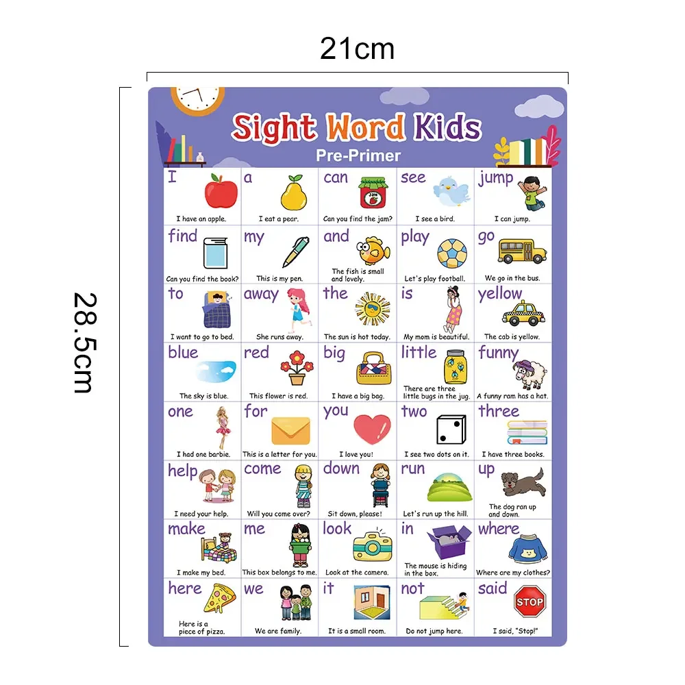 5Pcs Children‘s 220 Sight Words Learning Chart A4 Posters Big Card word Sentences Chart Educational Toys for Kids Teaching Aids