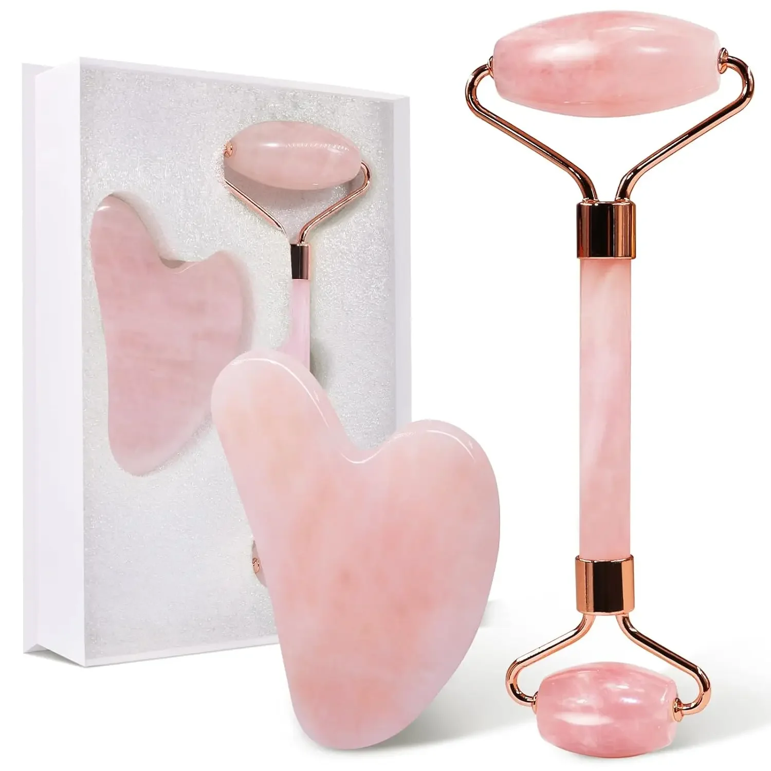 Rodillo de Jade Natural Gua Sha, masajeador corporal Facial, herramientas de masaje de belleza para estiramiento Facial, juego de masaje de piedra de Jade de cuarzo rosa