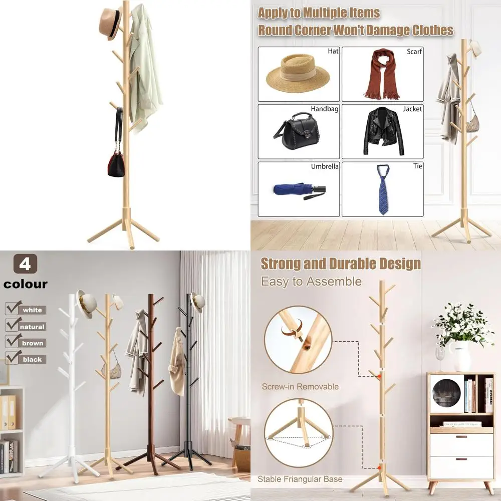 

8-Hook Wooden Coat Rack Stand, Adjustable Tree for Hats, Coats, and Accessories - Natural Finish