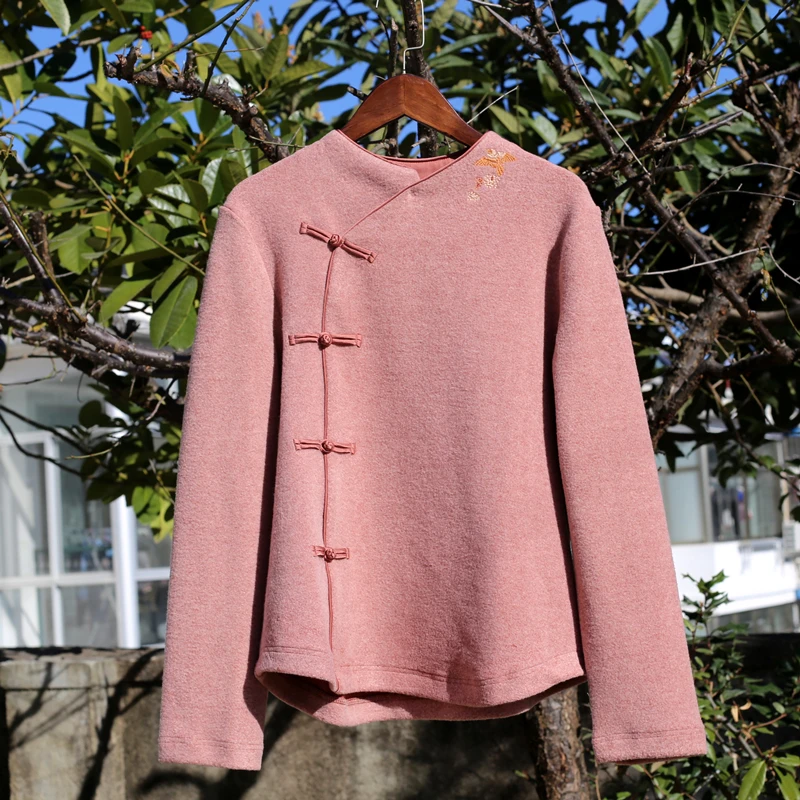 

Soft And e Hand-Stitched Cotton T-irt with Stand Collar Chinese Sle Women's Faionable All-Match Long Sve Top