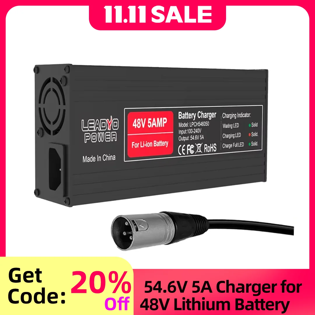 

Зарядное устройство 54,6 В, 5 А для 13S, литий-ионный аккумулятор Hailong, 48 В, источник питания для быстрой зарядки электрического велосипеда с 3-контактной вилкой XLR