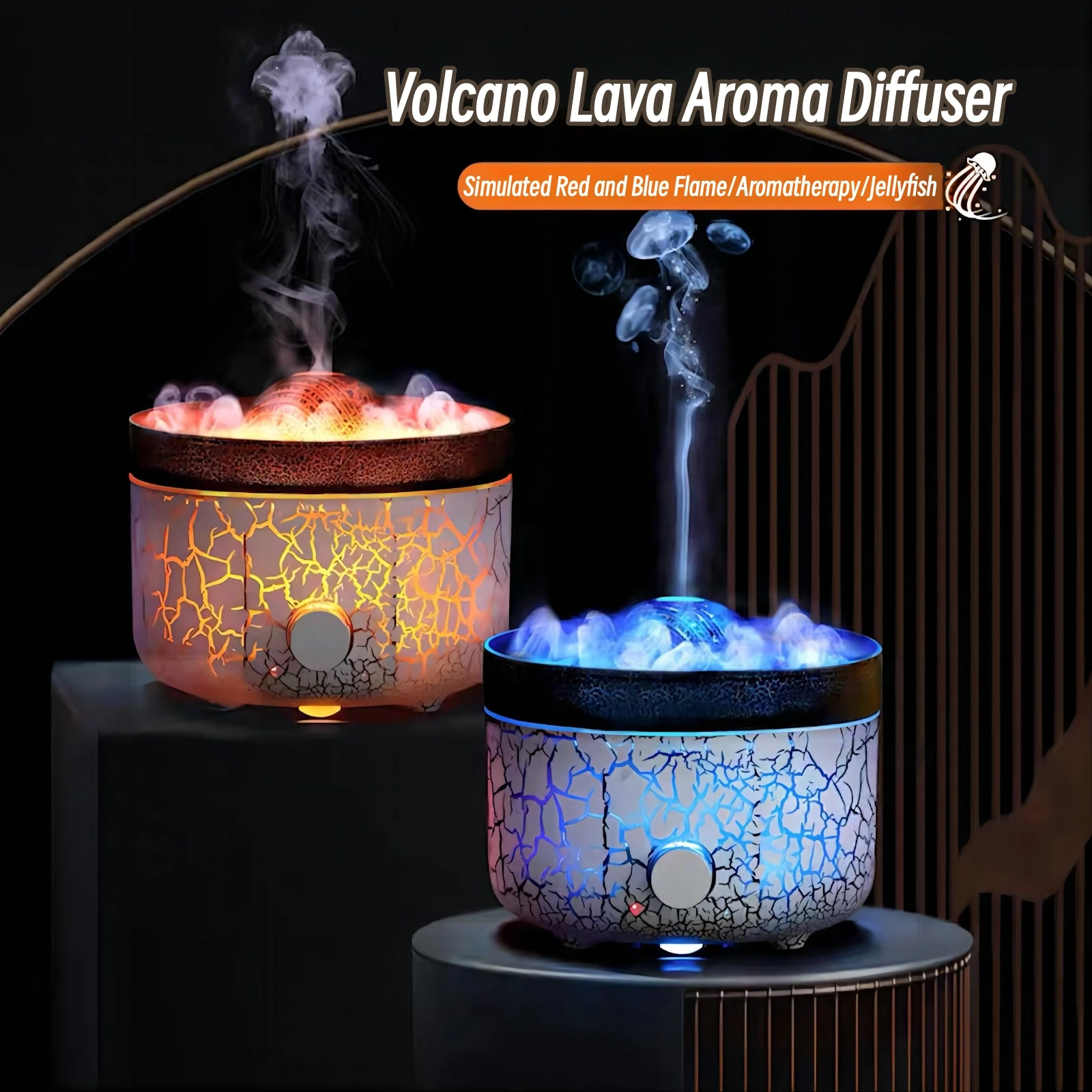 560ML Volcanic Jellyfish Aroma Diffuser Flame Air Humidifier Essential Oil Ultrasonic Mist Maker Sprayer for Home Red Blue Lamp