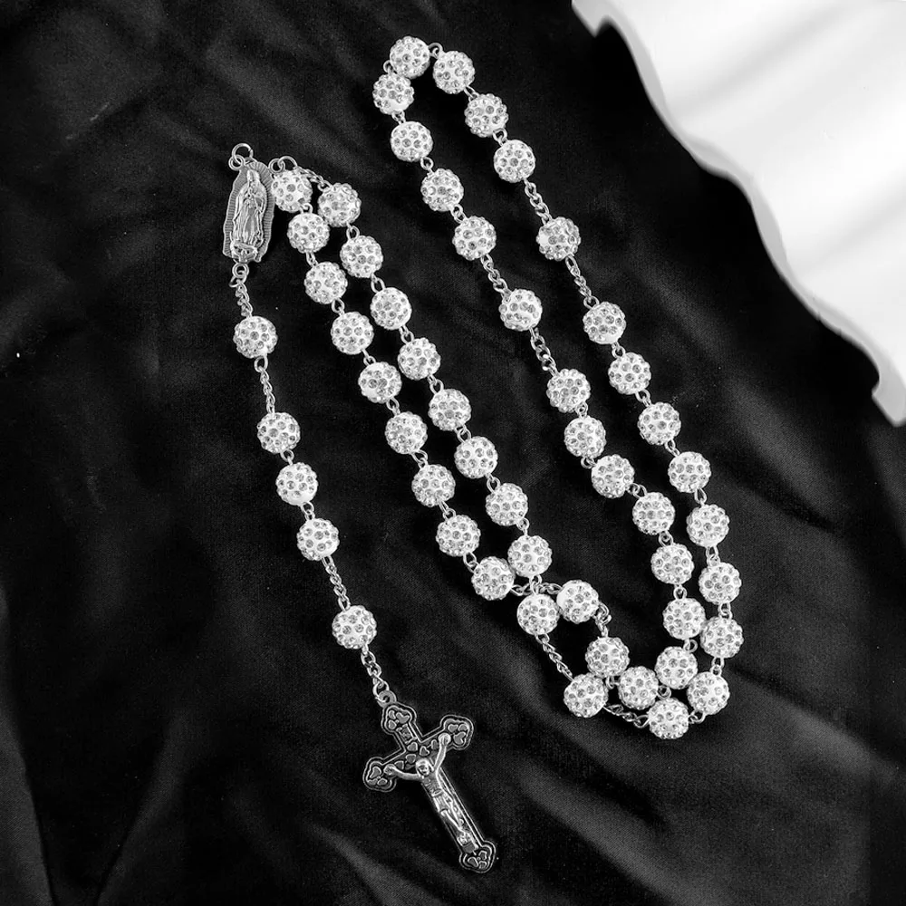 Handgefertigte Diamant-Kugelperlen Katholische Rosenkranz-Gebetskette Jungfrau Maria Kreuz Damen-Haarkette Religiöses Geschenk – Detail 3