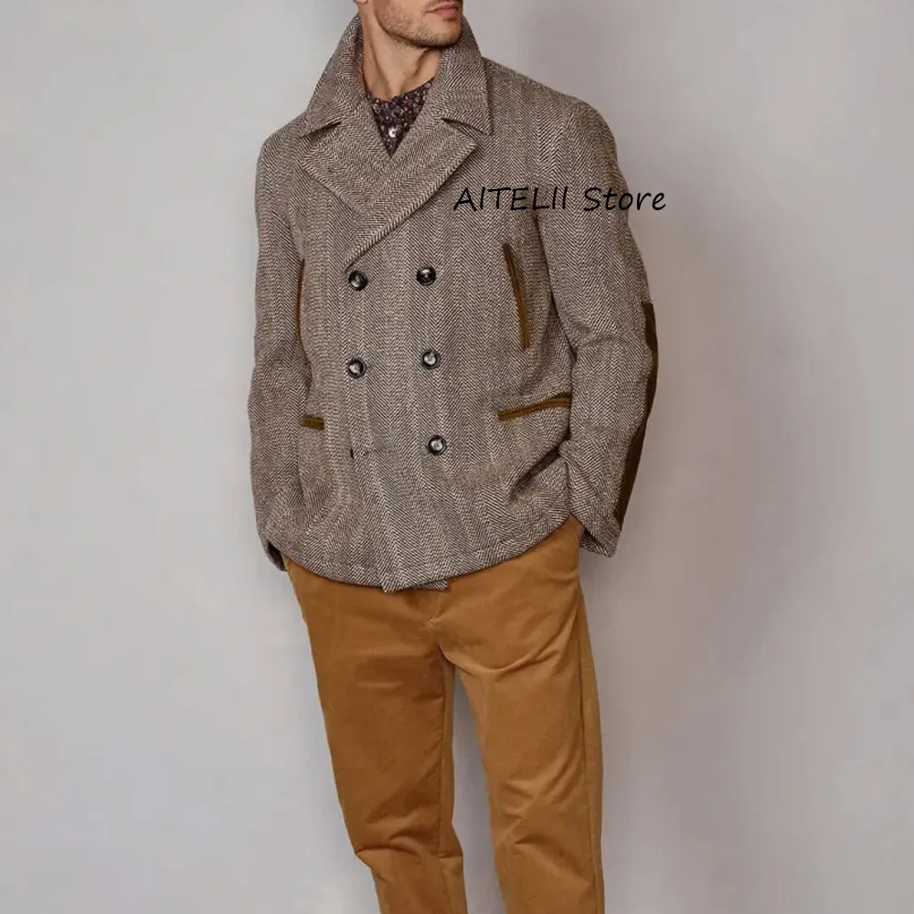 

Man Coat Double-breasted Fashion Suit Jackets Large Herringbone Fabric Casual Straight Pockets Men's Jacket Urban Blazers Suits