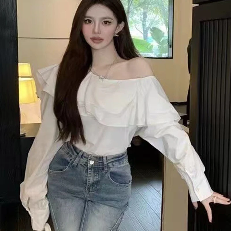 Vintage Ruffled Off Shoulder White Shirt for Women Fashion Long Sleeve Loose Elegant Blouse Women Slim Fit Casual Sexy Tops 8395