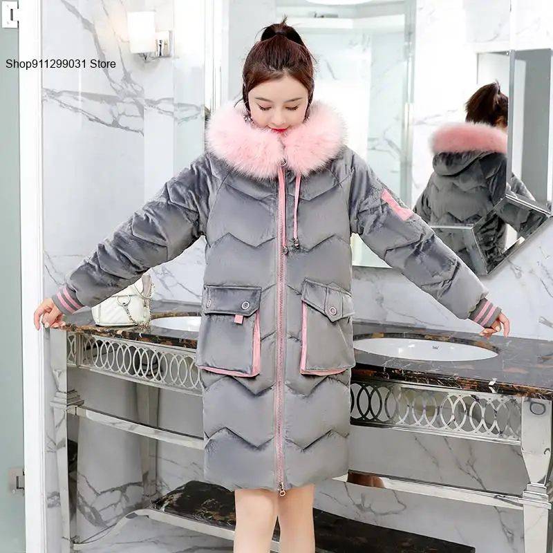 Women\'s Winter Loose Thickened Casual Long Fleece Collar Decorative Hooded Jacket