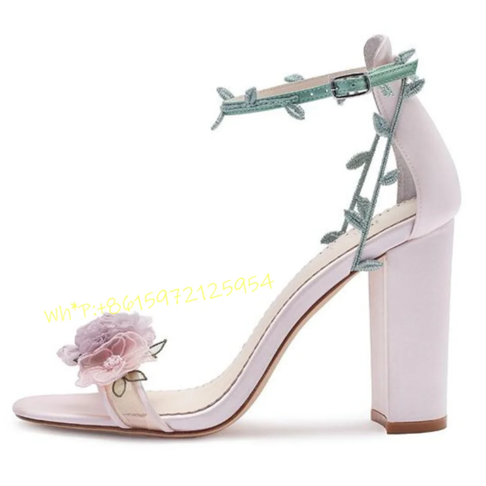 Purple Flowers Thick Heel Sandals Women Elegant Wedding Green Leaf Decor Lovely Sandals Female Summer Outfit Party Evening Shoes