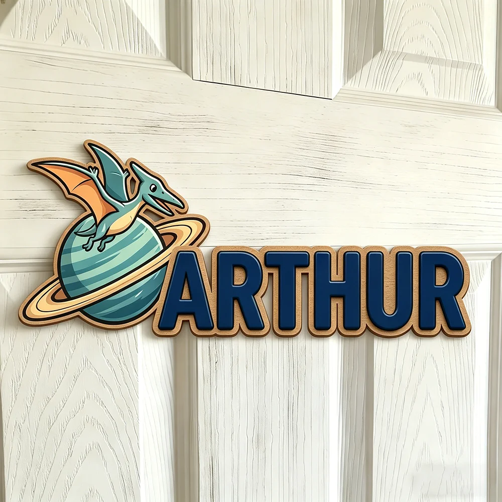 Custom Cosmic Dinosaur Name Plaque, Wooden Kids Room Decor with Saturn Planet, Personalized Name Sign for Boys Girls Nursery