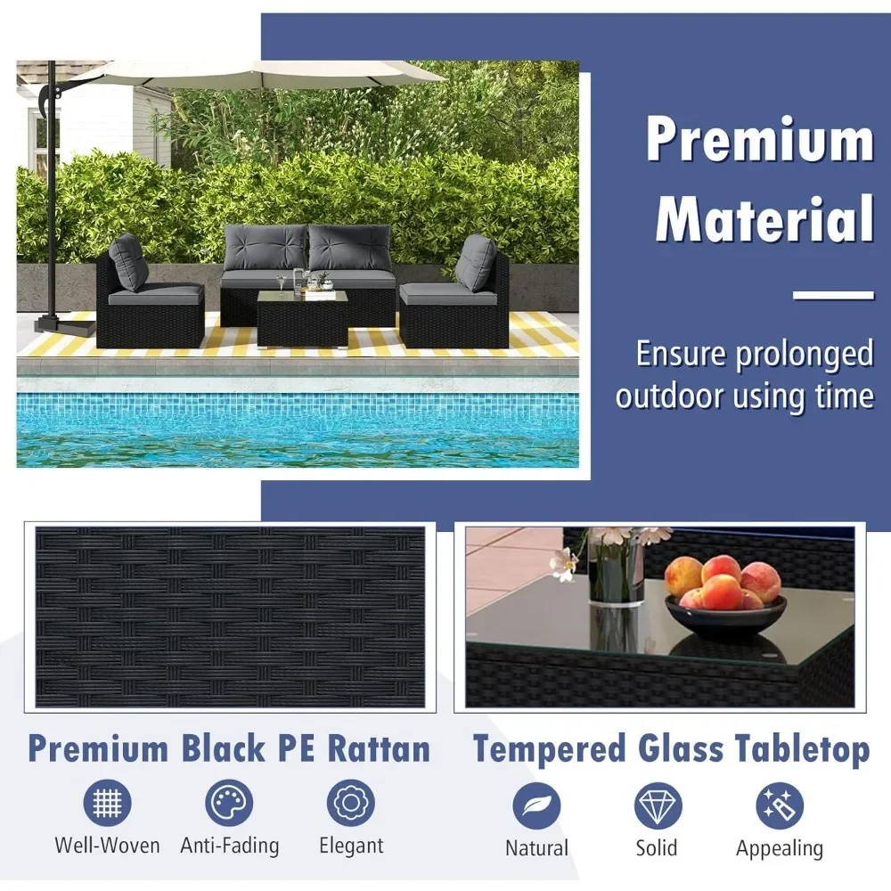 

5-piece Outdoor Terrace Furniture Set, Rattan Segmented Sofa, Coffee Table with Glass Roof, Soft Seat and Backrest Cushion