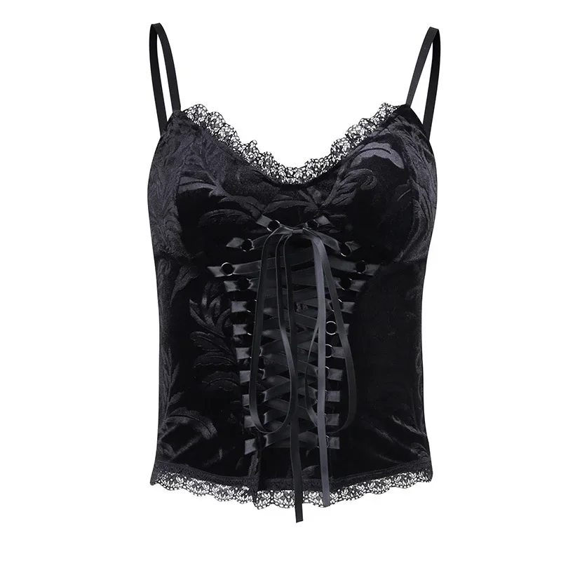 Goth Lace Up Black Camis Vintage Bandage Velvet Corset Tops Goth Aethetic Lace Trim Women Sexy Backless Basic Camisole