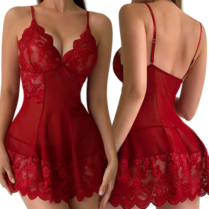 Erotic Summer Women Homewear 2 Pcs Set Lace Nightgown Nighttime Pajamas Transparent Split Nightdress V-Neck Bra Panty Sets