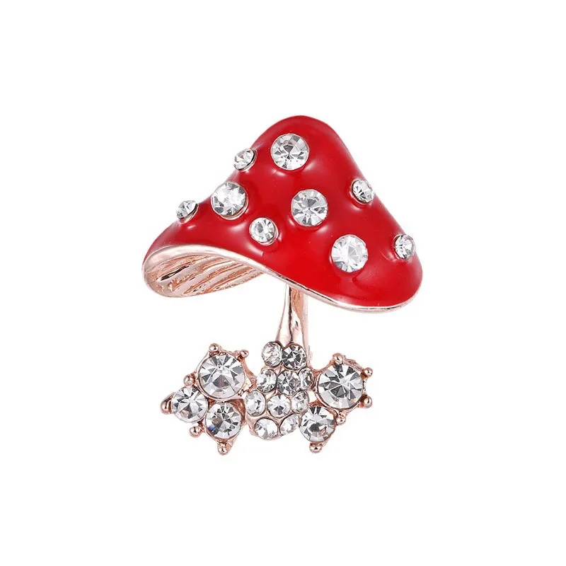 Enameled Red Mushroom Brooches Cute Rhinestone Plant Pin Women Coat Suit Corsage Birthday Gift Garment Accessories