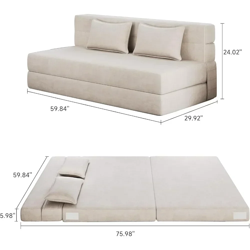 Folding Sofa Bed Queen with 2 Pillows, Portable Foldable Sofa Bed for Travel, Trifold Sleeper with Breathable & Washable Cover