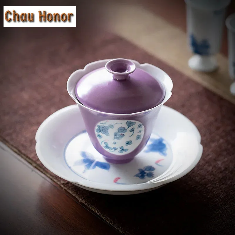 

100 мл Бутик Фиолетовый керамический чай Tureen ручная роспись окно любовь бабочки Искусство чайник Gaiwan бытовой кунг-фу чайная посуда