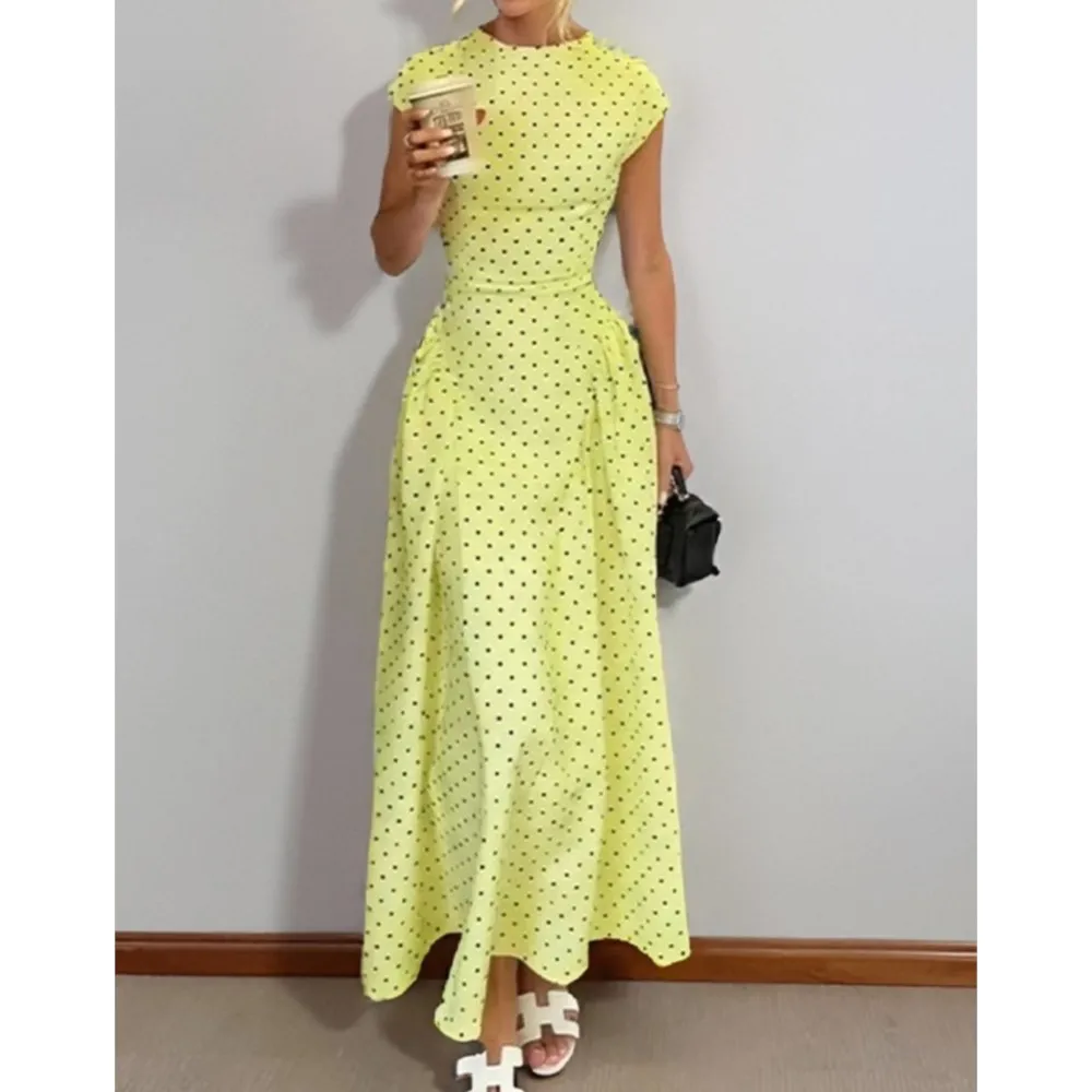 Summer Printed Polka Dot Women's Short Sleeve High Waist Dress 2026 New Fashionable Waist Elegant Female Party White Max Dresses view 5