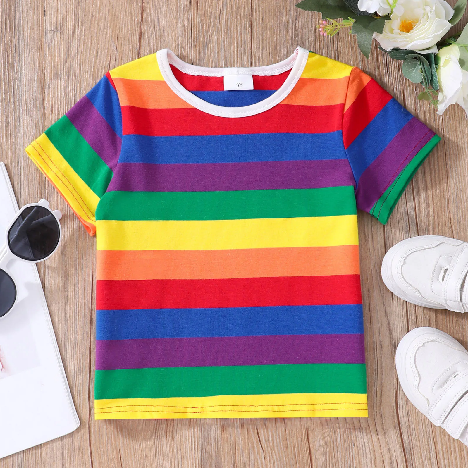 Tshirt Kids For 2-7Y Summer Boys Girls Short Sleeve Rainbow Stripes Top Casual Cotton Children Clothing Tops Baby Kid T-shirt