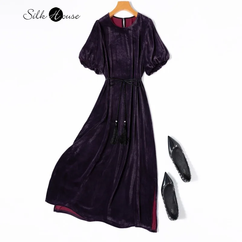 

Elegant Purple Light Luxury 30% Natural Mulberry Silk Velvet Round Neck Flower Bud Short Sleeved Straight Slit Women's Dress