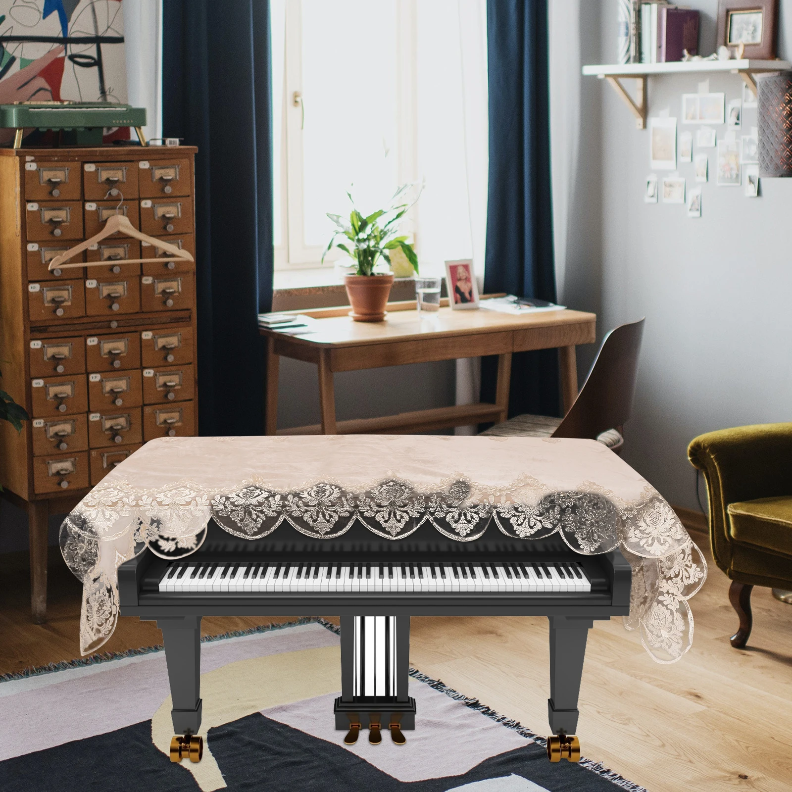 

Piano Cover Decorative Cloth Embroidered Half Protective Electronic Dustproof Piano Decorative Cover Lace Pattern Gentle