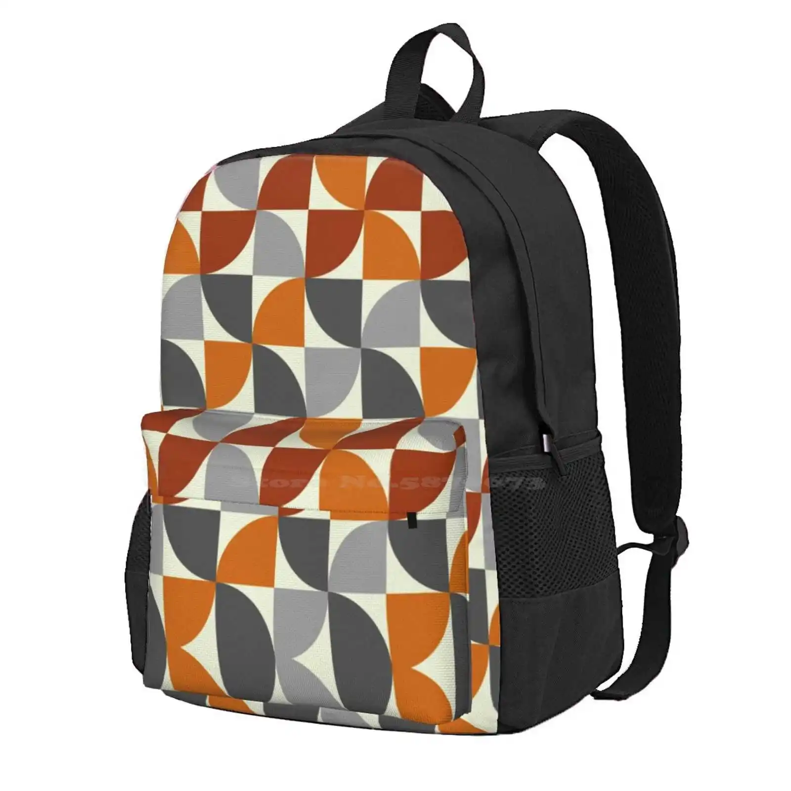 Grey And Orange Mid Century Modern Hot Sale Schoolbag Backpack Fashion Bags Grey Gray Orange Geometric Pattern Retro Circle Mid