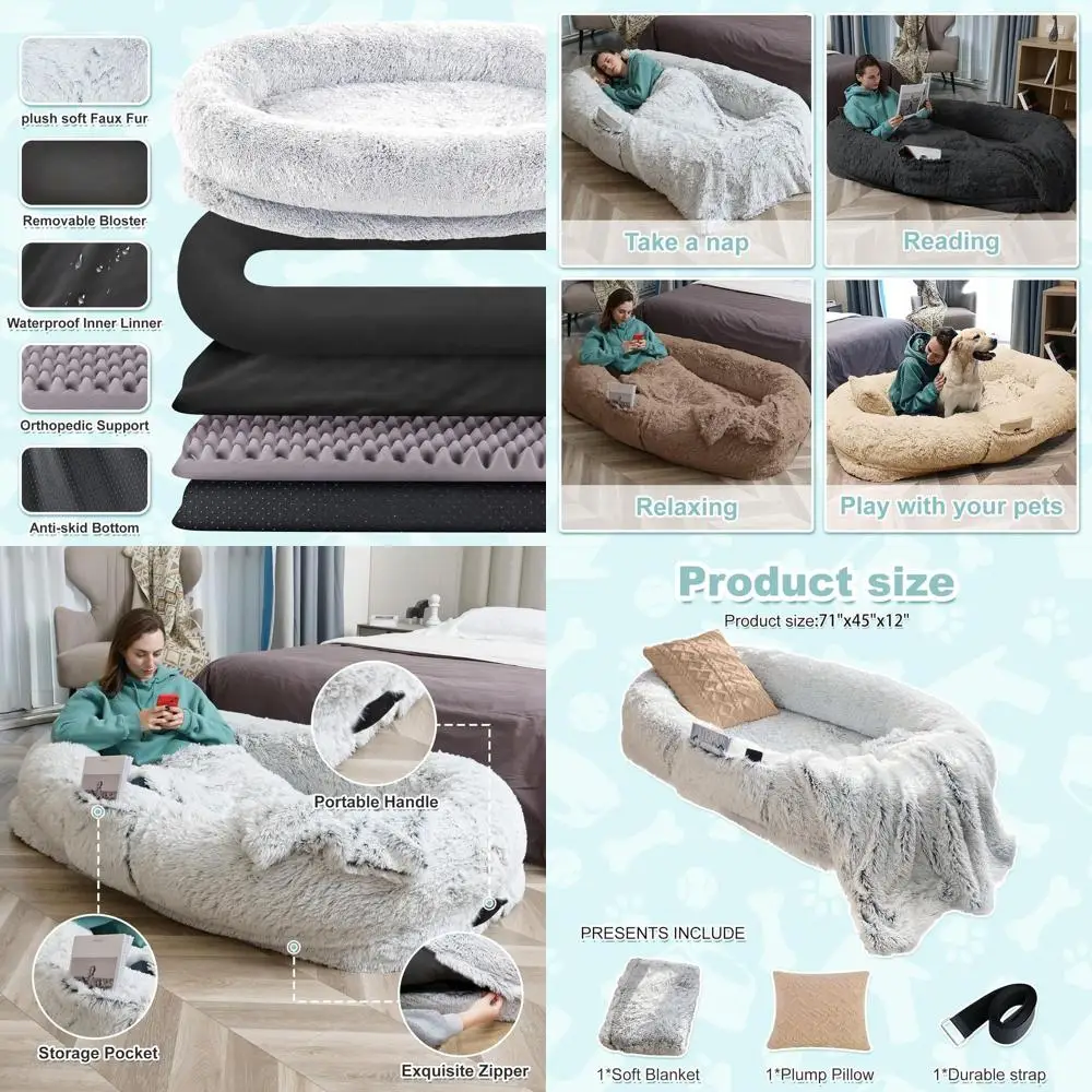 

Ортопедическая кровать для собаки из искусственного меха с подушкой и одеялом, моющаяся, серая, 71x45x12