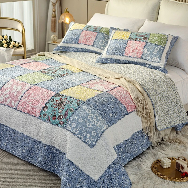 

Applique Cotton Quilt Set 3PCS Quilting Bedspreads Plaid Bed Cover Pillowcases Queen Size Padded Blanket Coverlet Home Comforter