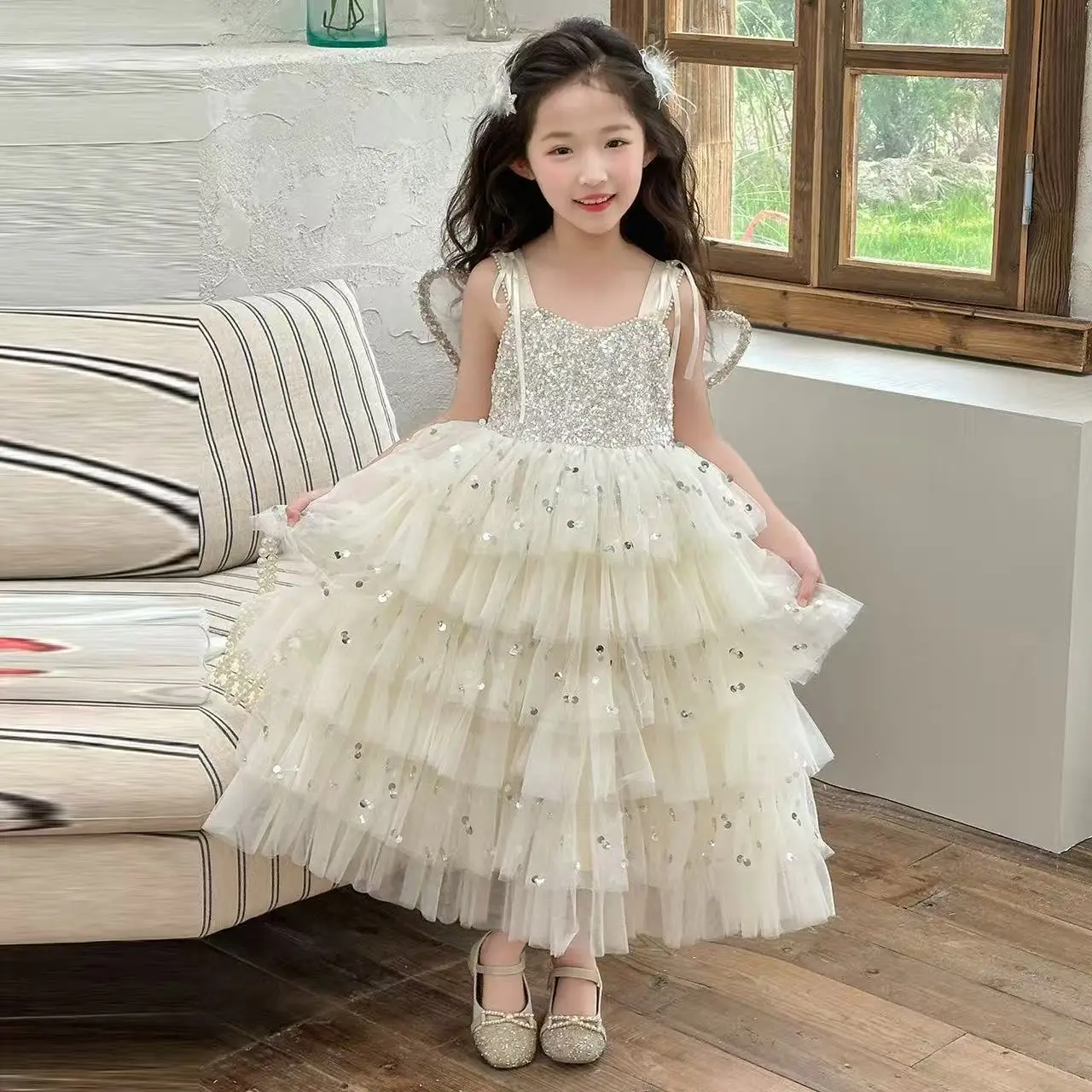 Toddler Girls Sequin Tiered Cake Princess Dress Butterfly Wings Birthday Party Gown 2026 Summer New Arrival 90-160CM