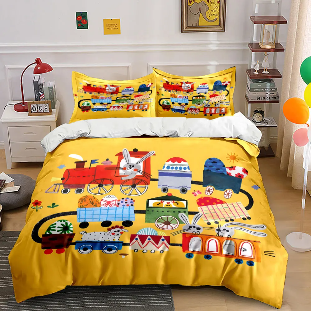 Colorful cartoon train with animal decor Print Soft Comfortable Duvet Cover Bedding Set Included 1*Duvet Cover  2*Pillowcases