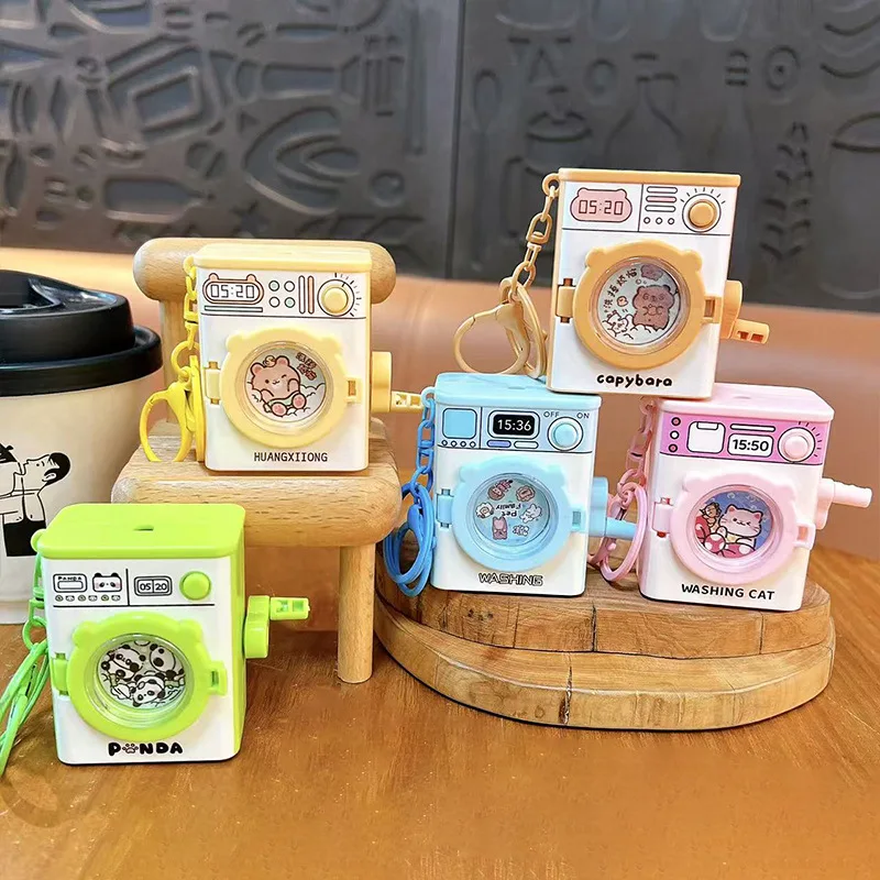 Cartoon Hand-cranked Washing Machine Sound / With Lights Keychain Cute Children Decompression Toys Schoolbag Hanging Funny Gifts