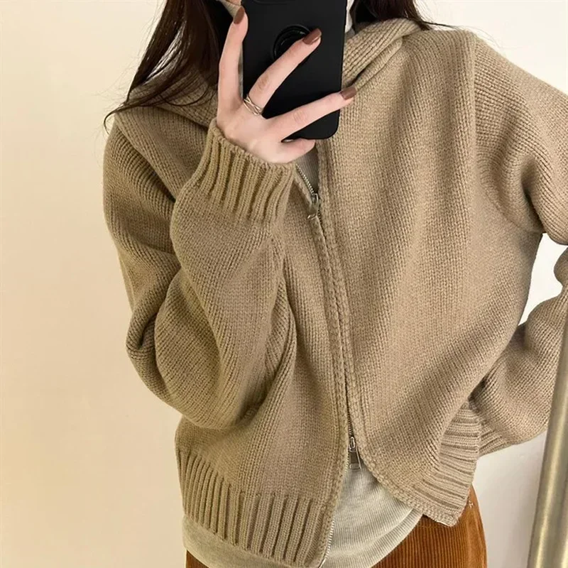 Vintage Solid Color Zipper Hooded Sweater Women Korean Style Knit Tops Hoodies Casual Female Long Sleeves Cardigan Knitwear