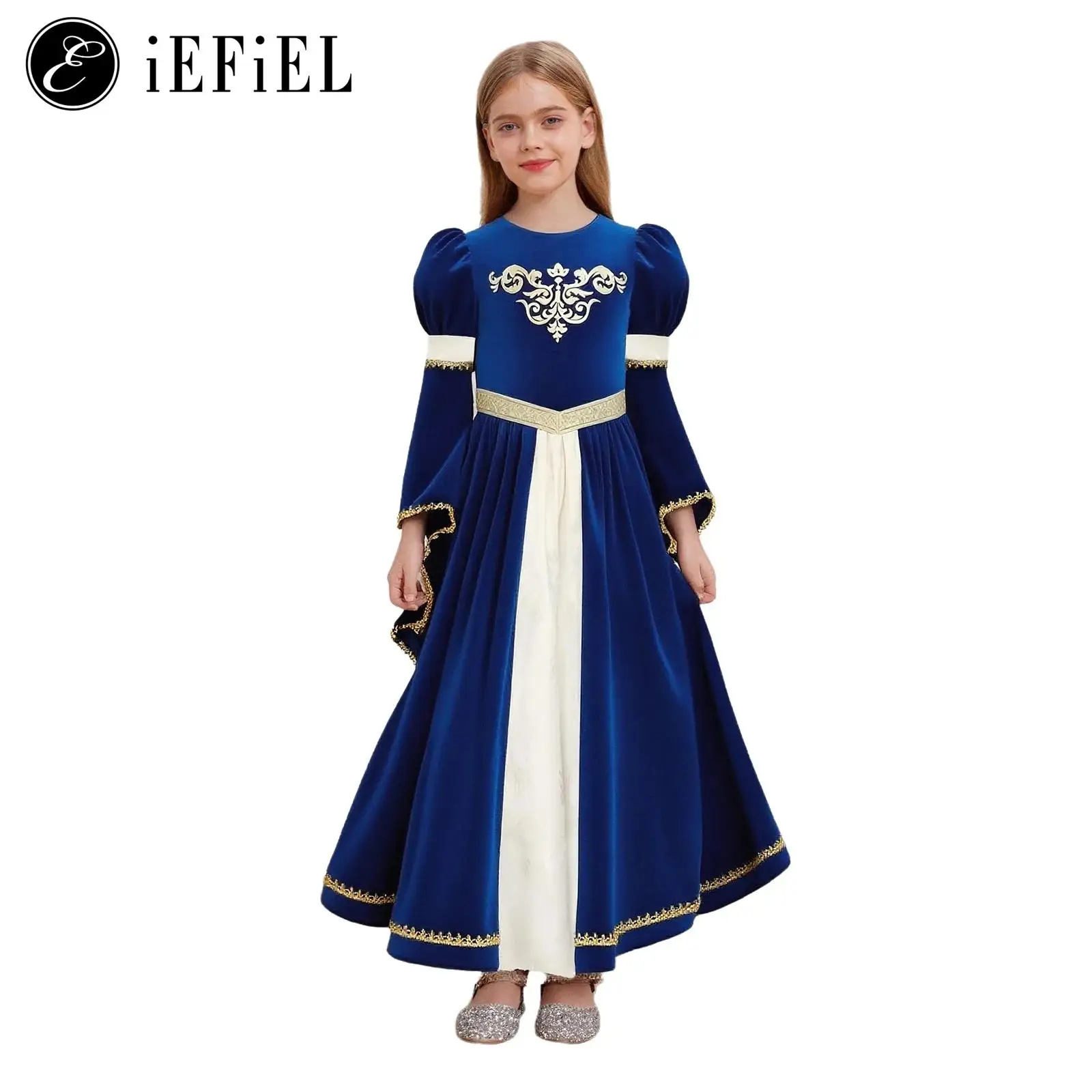 

Средневековая принцесса/викторианская королева для девочек, карнавальный костюм на Хэллоуин, костюм колокольчика с длинными рукавами и вышивкой, платье макси для вечеринки