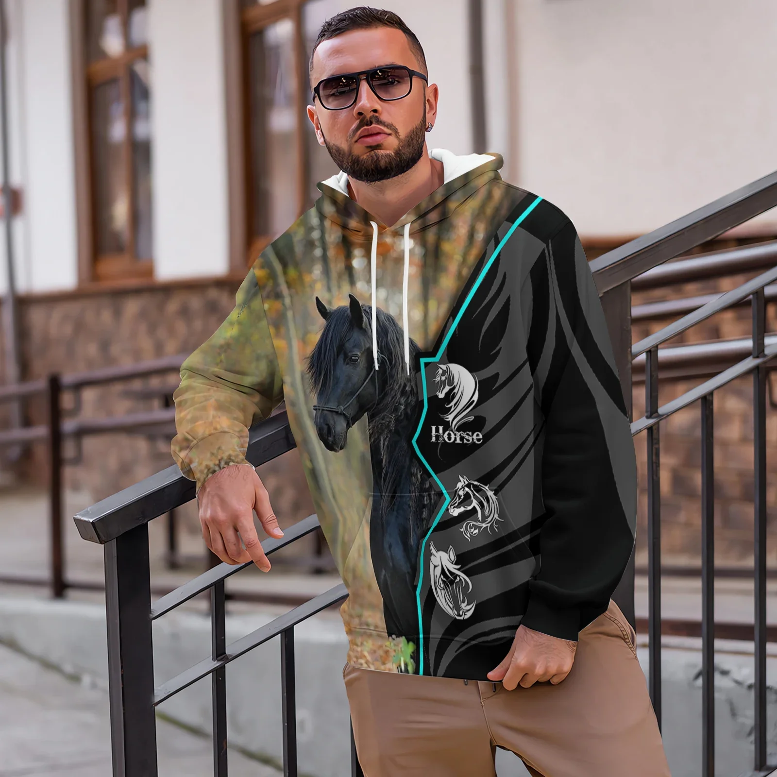 

2025 унисекс, забавная толстовка с принтом лошади, пуловер большого размера с 3D рисунком животных, осенне-зимняя уличная одежда, модная уличная толстовка