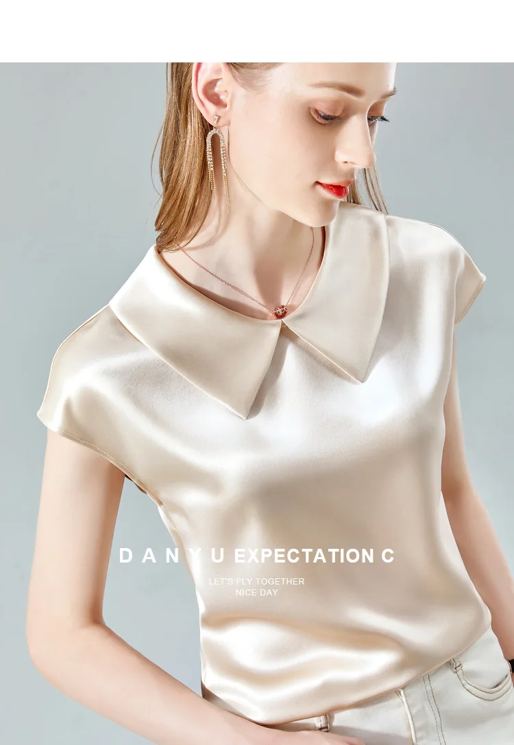 Camisas De Mujer Elegant Ice Silk Shirt Plus Size Artificial Silk Tops Acetate Satin Blouse Doll Collar White Girlish Blouse