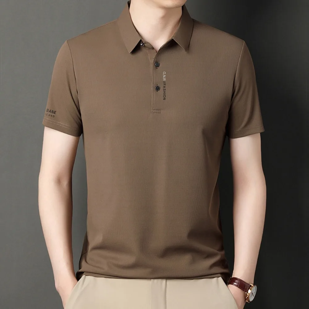Summer Men Ice Silk Polo Shirt High-End T-Shirt Solid Color New Half Sleeve Non-Marking Casual Lapels Business Thin Menswear