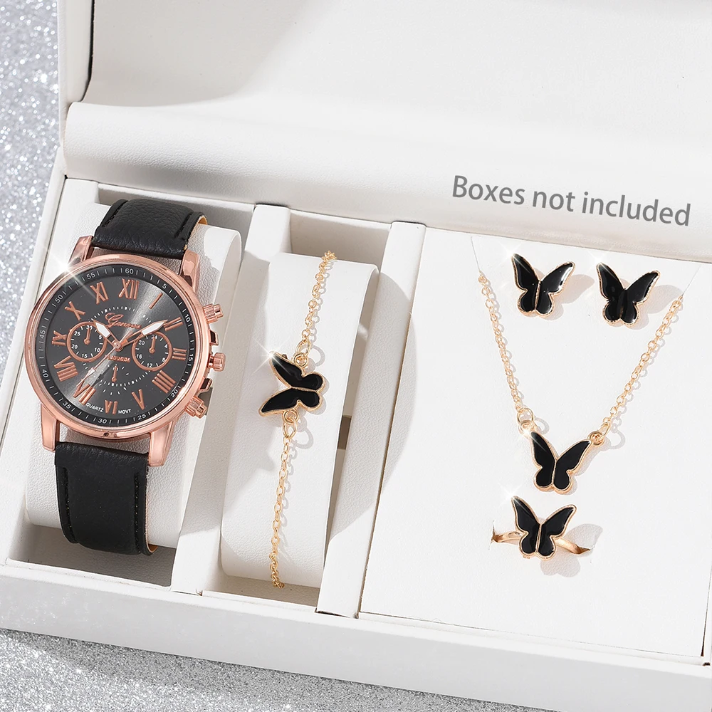 5Pcs Set Fashion Women Watch Butterfly Jewelry Set Watch Business Casual Leather Quartz Wristwatch Gift Relogio Feminino Clocks