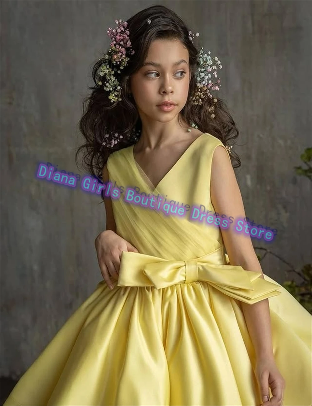 Customised Lovely Yellow Flower Girl Dress Fluffy Satin for Wedding Girls Birthday Party Banquet Little Princess Christmas Gowns