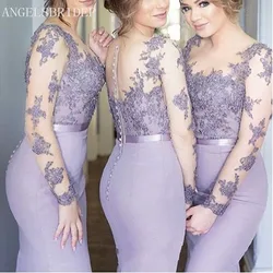 Angelsbridep Customized Lavender Mermaid Woman Bridesmaid Dresses Long Sleeves Illusion Maid of Honor Gowns For Wedding Party