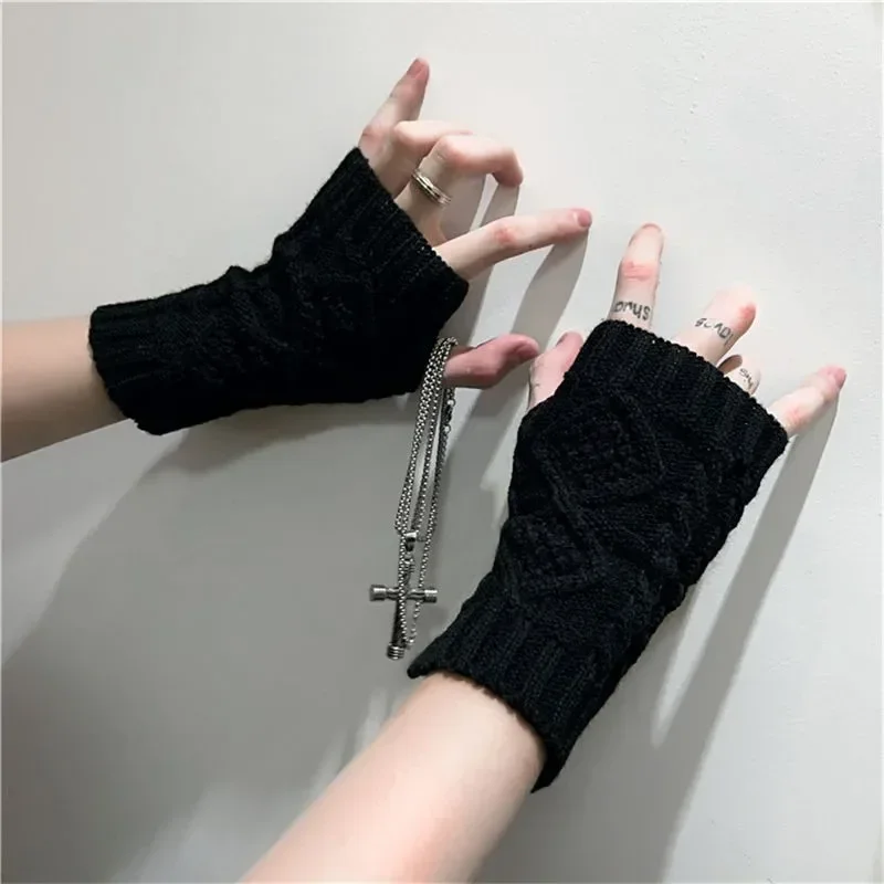 1 paar Winter Halbe Finger Handschuhe Frauen Mädchen Warme Gestrickte Handschuhe Einfarbig Stricken Kurzen Handschuh Punk Gothic Fingerlose Fäustlinge