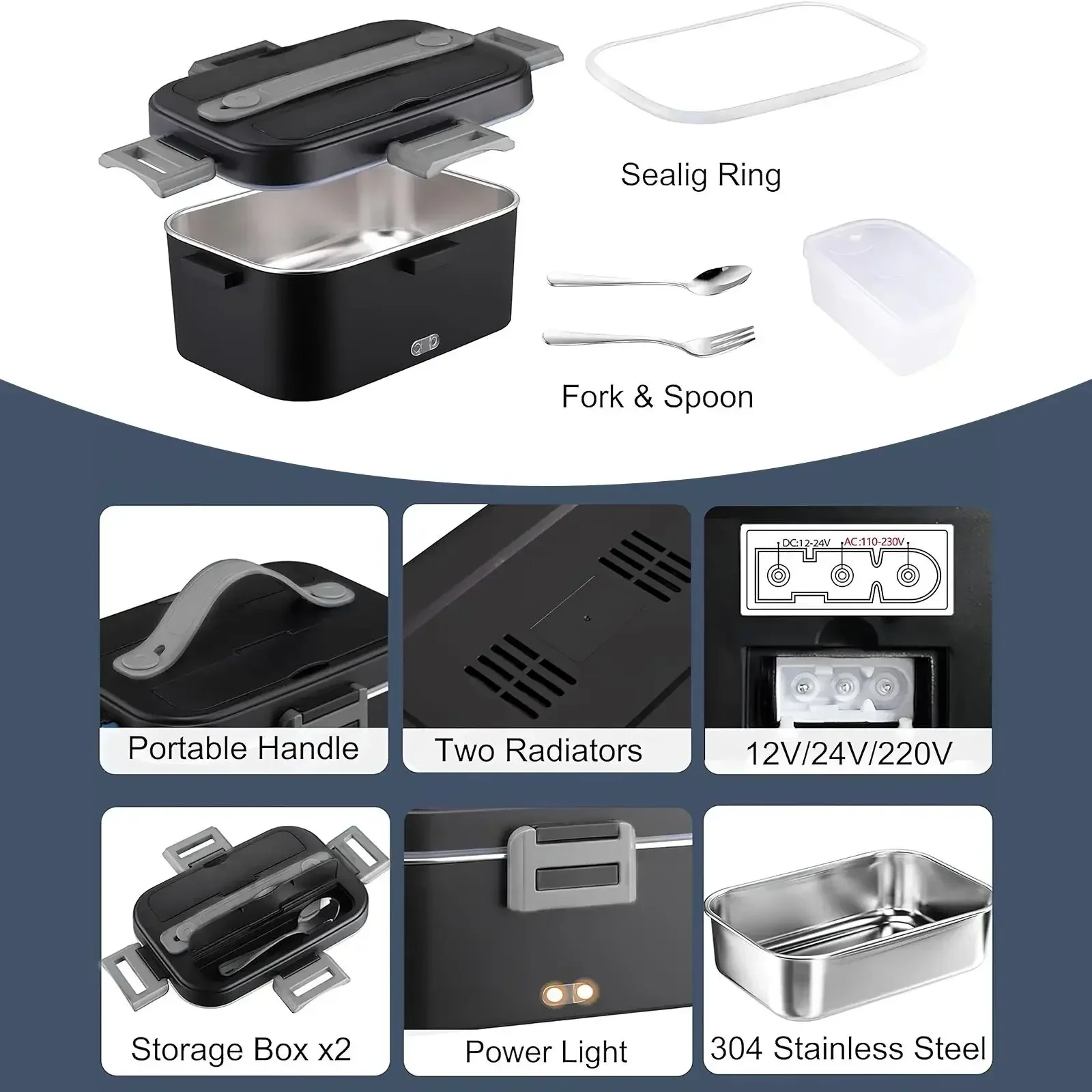 Electric heated lunch box 75W stainless steel detachable 1.8 L heating bowl 12V/24V/220V, car/truck/office dining box