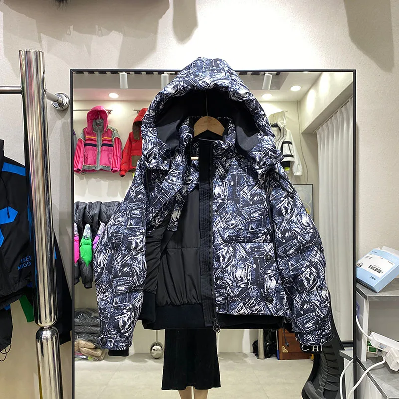 Piumino alla moda in colore a contrasto da donna invernale nuovo stile giacca da pane con cappuccio stampata con personalità calda e ampia e spessa